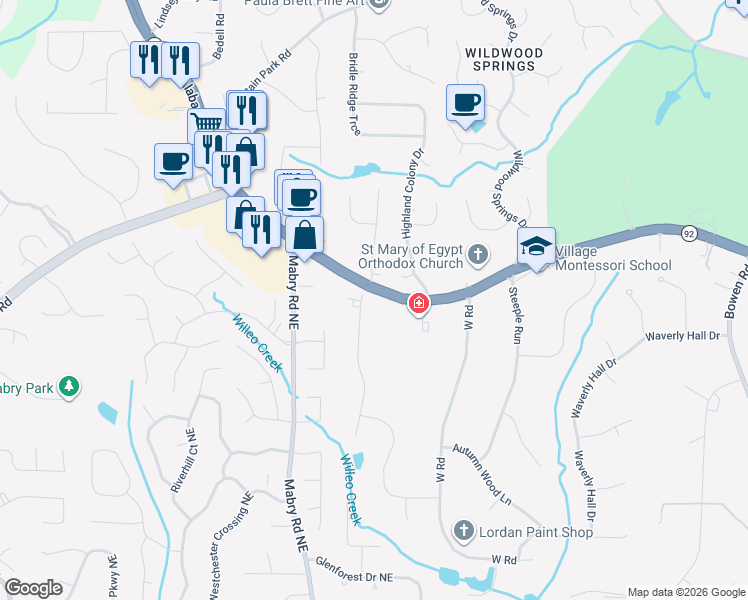 map of restaurants, bars, coffee shops, grocery stores, and more near 1900 Woodstock Road in Roswell