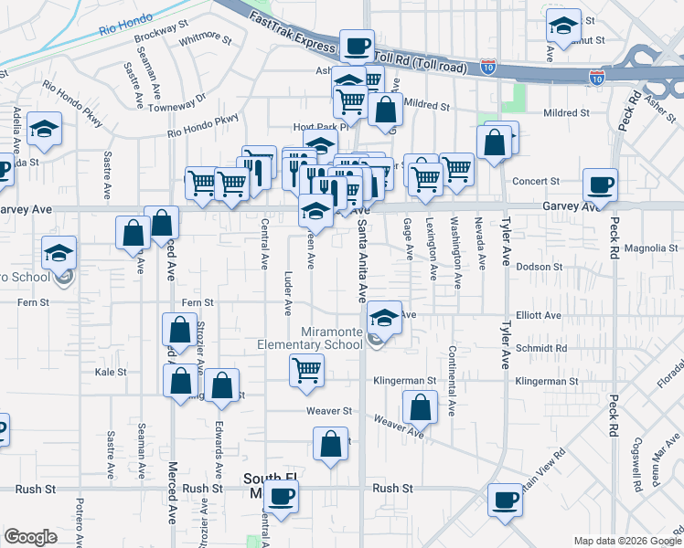 map of restaurants, bars, coffee shops, grocery stores, and more near 2652 Delco Avenue in El Monte