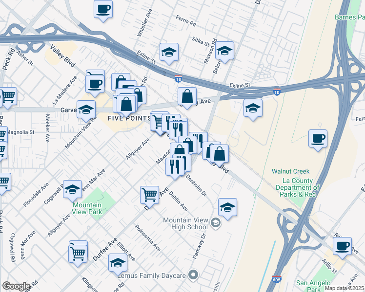 map of restaurants, bars, coffee shops, grocery stores, and more near 12226 East Valley Boulevard in El Monte