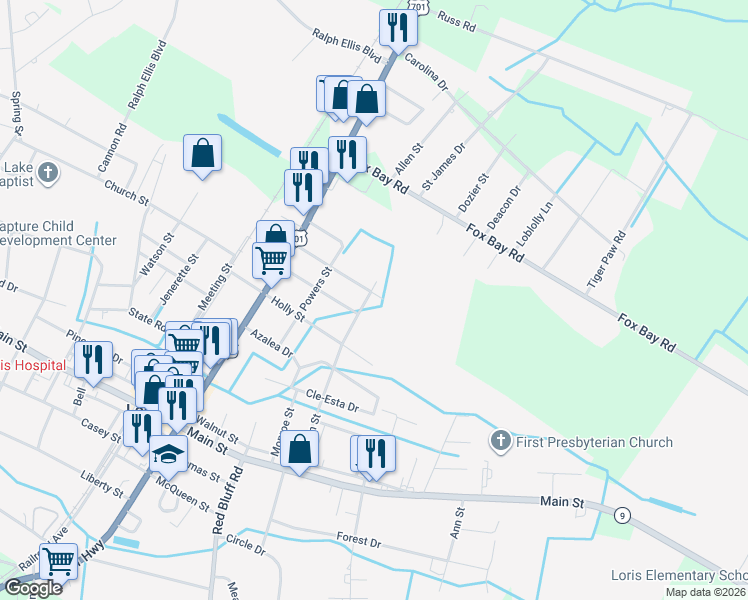 map of restaurants, bars, coffee shops, grocery stores, and more near 4701 Willow Street in Loris