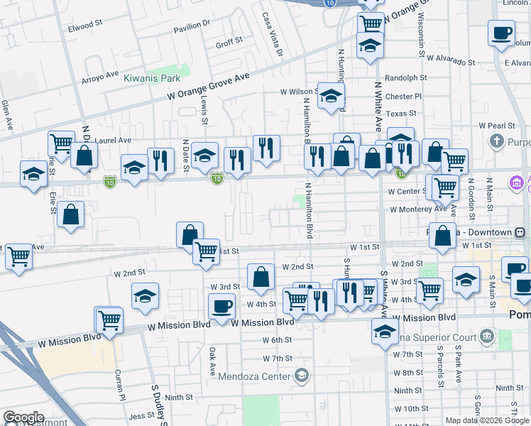 map of restaurants, bars, coffee shops, grocery stores, and more near 277 North Myrtle Avenue in Pomona
