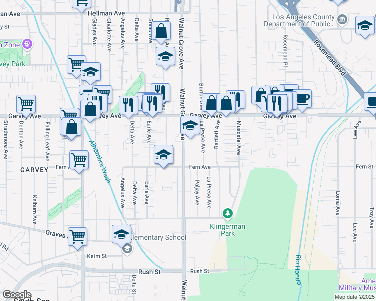 map of restaurants, bars, coffee shops, grocery stores, and more near 2636 Walnut Grove Avenue in Rosemead