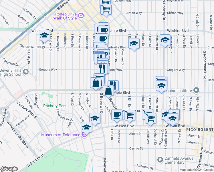 map of restaurants, bars, coffee shops, grocery stores, and more near 353 South Reeves Drive in Beverly Hills