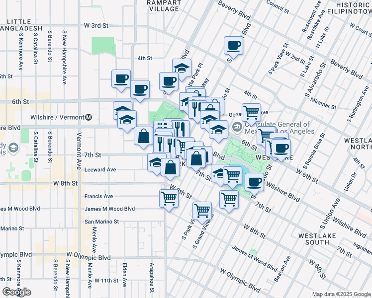 map of restaurants, bars, coffee shops, grocery stores, and more near 666 S Rampart Blvd in Los Angeles