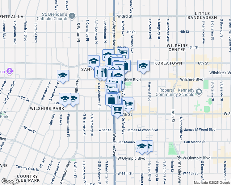 map of restaurants, bars, coffee shops, grocery stores, and more near 581 South Western Avenue in Los Angeles