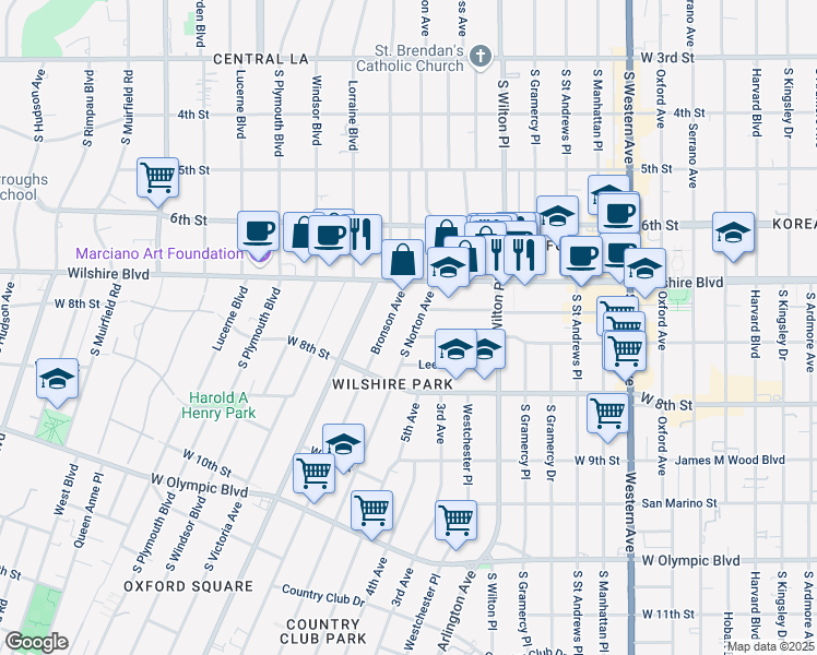 map of restaurants, bars, coffee shops, grocery stores, and more near 690 South Bronson Avenue in Los Angeles