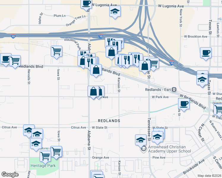 map of restaurants, bars, coffee shops, grocery stores, and more near 10616 Kansas Street in Redlands