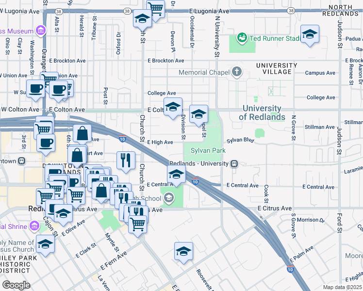 map of restaurants, bars, coffee shops, grocery stores, and more near 866 East High Avenue in Redlands