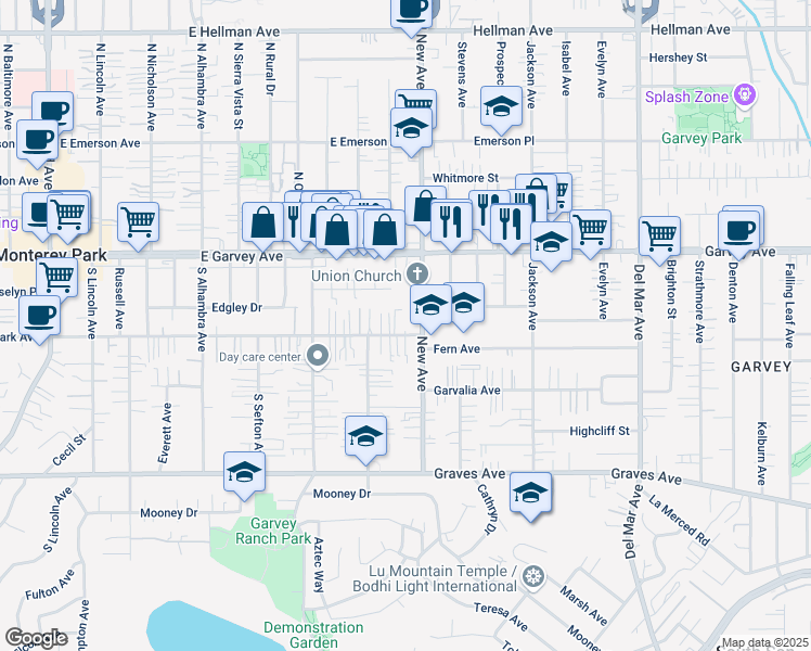 map of restaurants, bars, coffee shops, grocery stores, and more near 229 New Avenue in Monterey Park