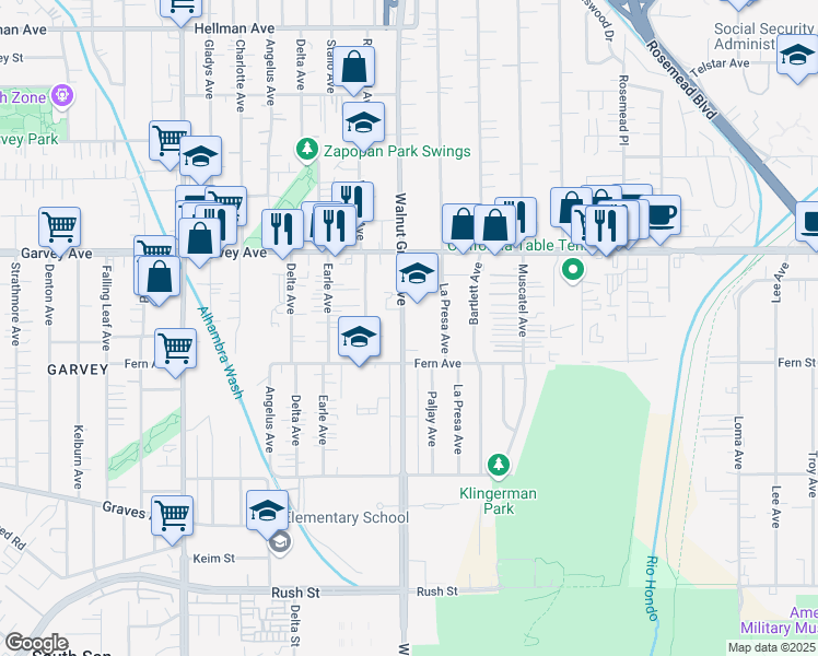 map of restaurants, bars, coffee shops, grocery stores, and more near 2636 Walnut Grove Avenue in Rosemead