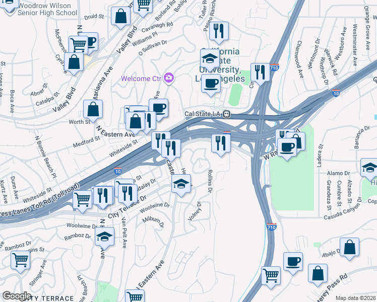 map of restaurants, bars, coffee shops, grocery stores, and more near 1605 Steele Avenue in Los Angeles