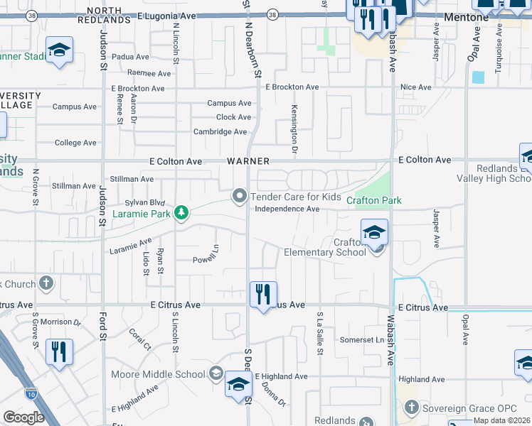 map of restaurants, bars, coffee shops, grocery stores, and more near 1608 Independence Avenue in Redlands