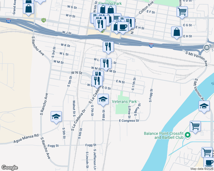 map of restaurants, bars, coffee shops, grocery stores, and more near 494 South La Cadena Drive in Colton