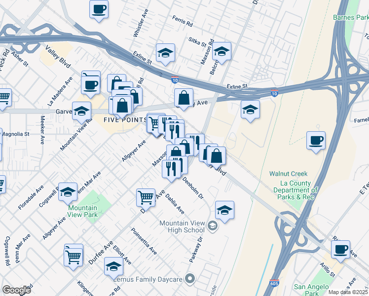 map of restaurants, bars, coffee shops, grocery stores, and more near 12233 Valley Boulevard in El Monte
