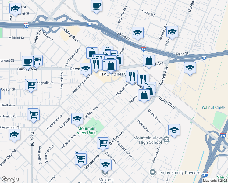 map of restaurants, bars, coffee shops, grocery stores, and more near 2941 Allgeyer Avenue in El Monte