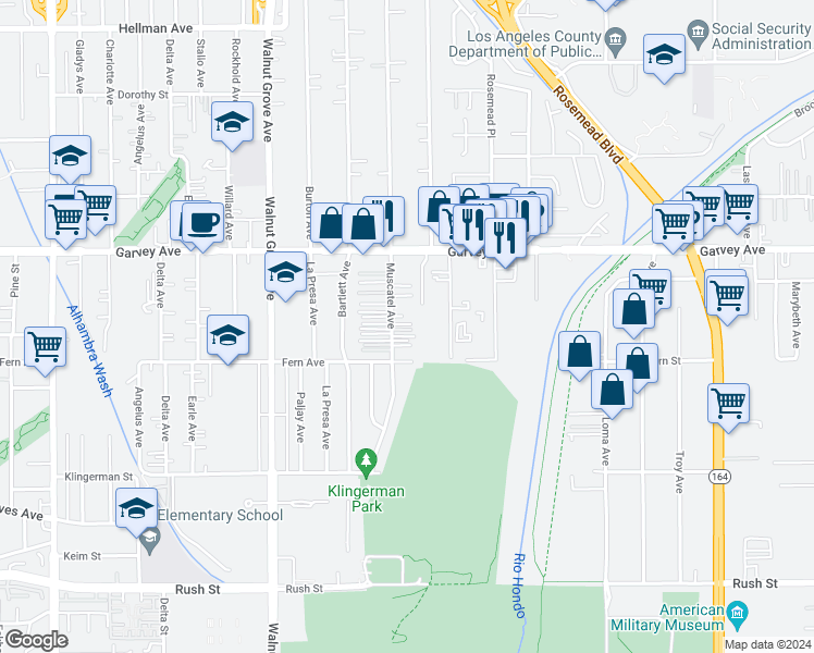 map of restaurants, bars, coffee shops, grocery stores, and more near 2646 Muscatel Avenue in Rosemead