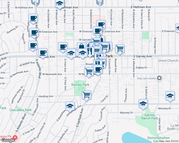 map of restaurants, bars, coffee shops, grocery stores, and more near 224 South Ramona Avenue in Monterey Park