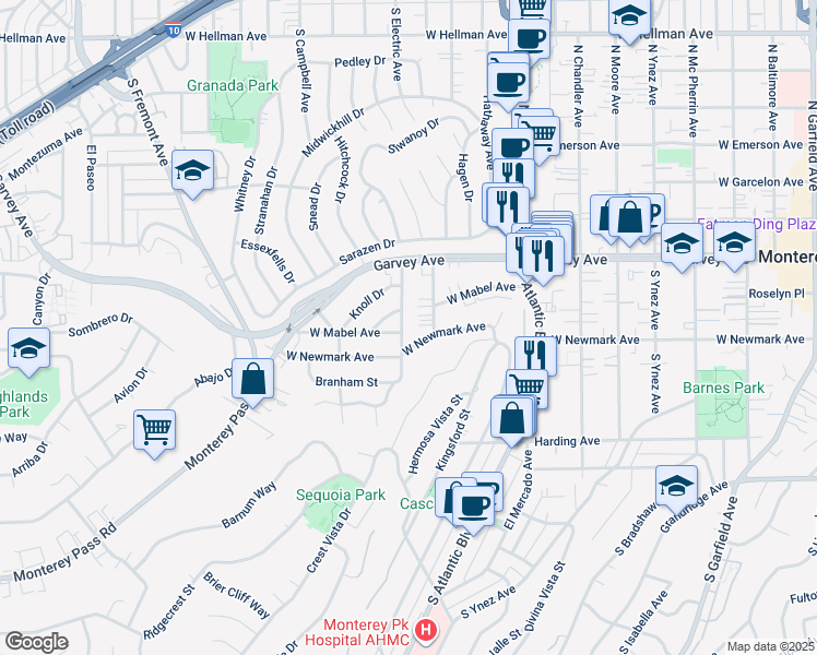 map of restaurants, bars, coffee shops, grocery stores, and more near 210 South Electric Avenue in Monterey Park