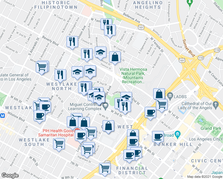 map of restaurants, bars, coffee shops, grocery stores, and more near 202 Lucas Avenue in Los Angeles