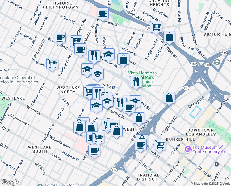 map of restaurants, bars, coffee shops, grocery stores, and more near 202 Lucas Avenue in Los Angeles