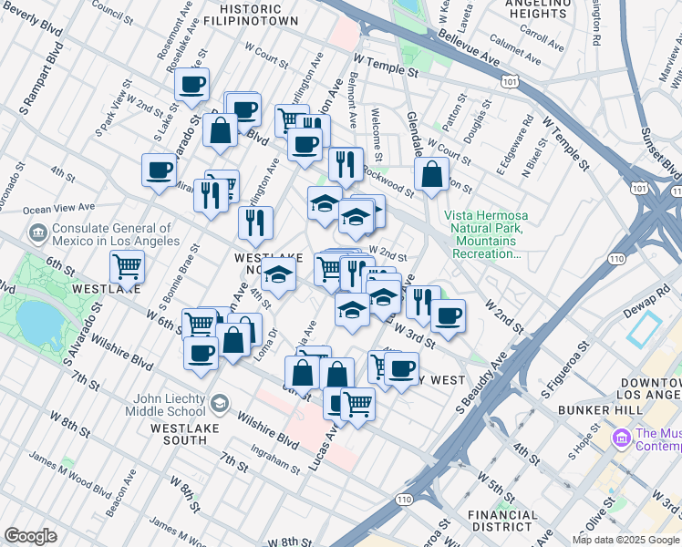map of restaurants, bars, coffee shops, grocery stores, and more near 234 Loma Drive in Los Angeles