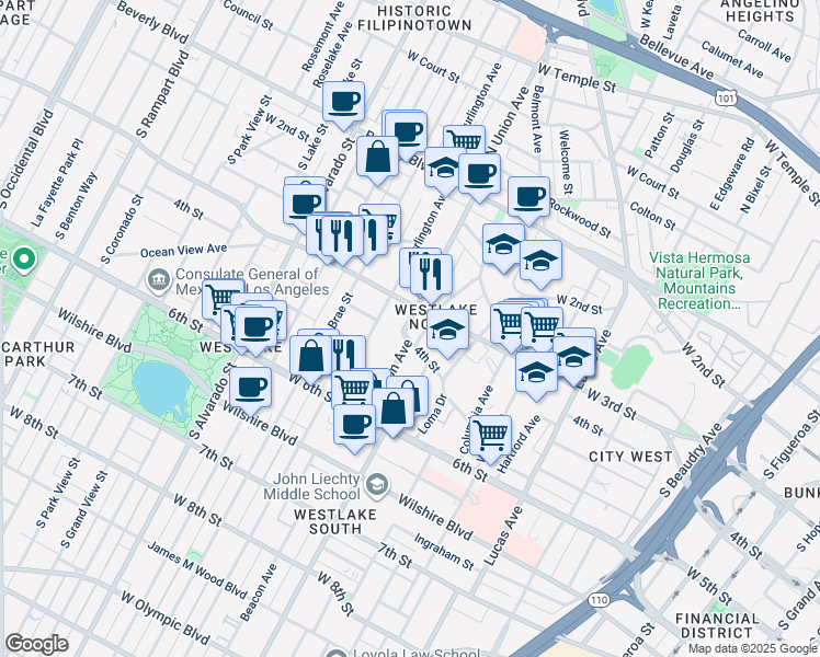 map of restaurants, bars, coffee shops, grocery stores, and more near 1660 West 3rd Street in Los Angeles