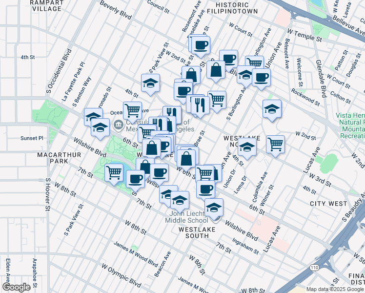 map of restaurants, bars, coffee shops, grocery stores, and more near 372 South Westlake Avenue in Los Angeles
