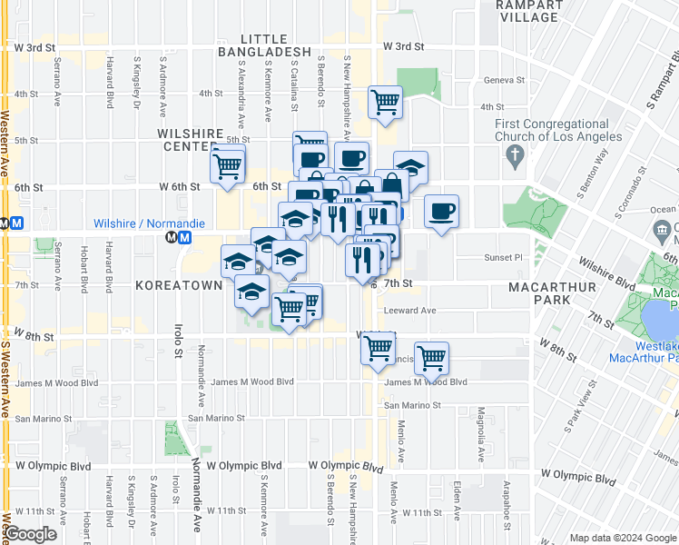 map of restaurants, bars, coffee shops, grocery stores, and more near in Los Angeles