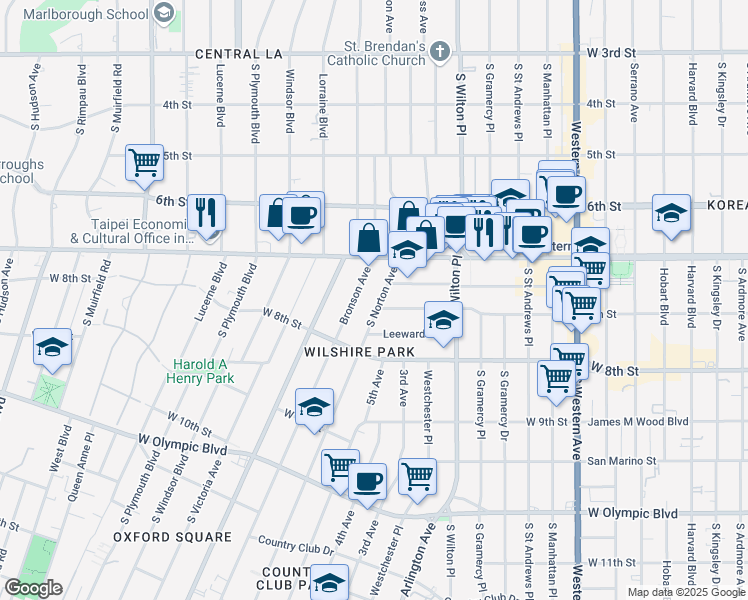 map of restaurants, bars, coffee shops, grocery stores, and more near 690 South Bronson Avenue in Los Angeles