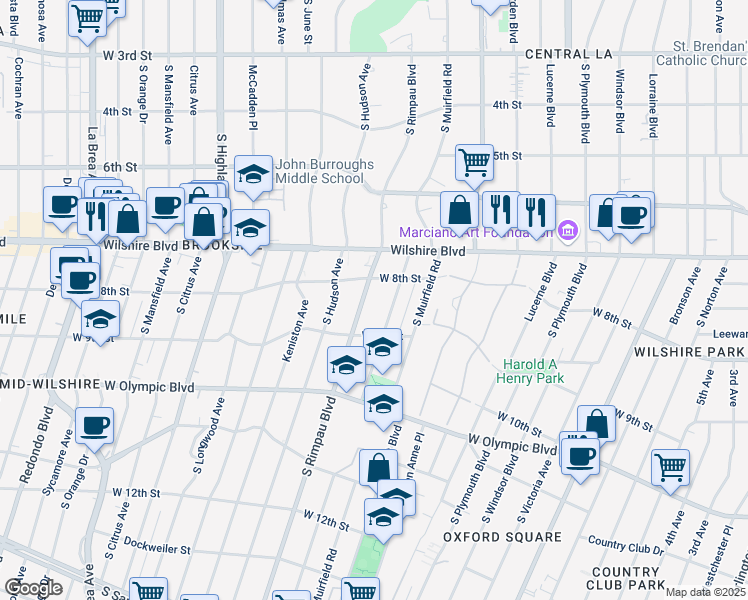 map of restaurants, bars, coffee shops, grocery stores, and more near 814 South Rimpau Boulevard in Los Angeles