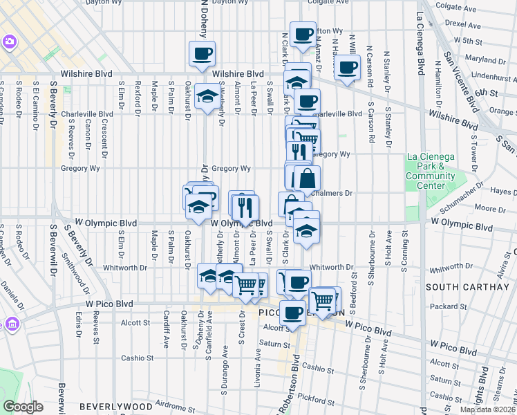 map of restaurants, bars, coffee shops, grocery stores, and more near 345 South Swall Drive in Beverly Hills