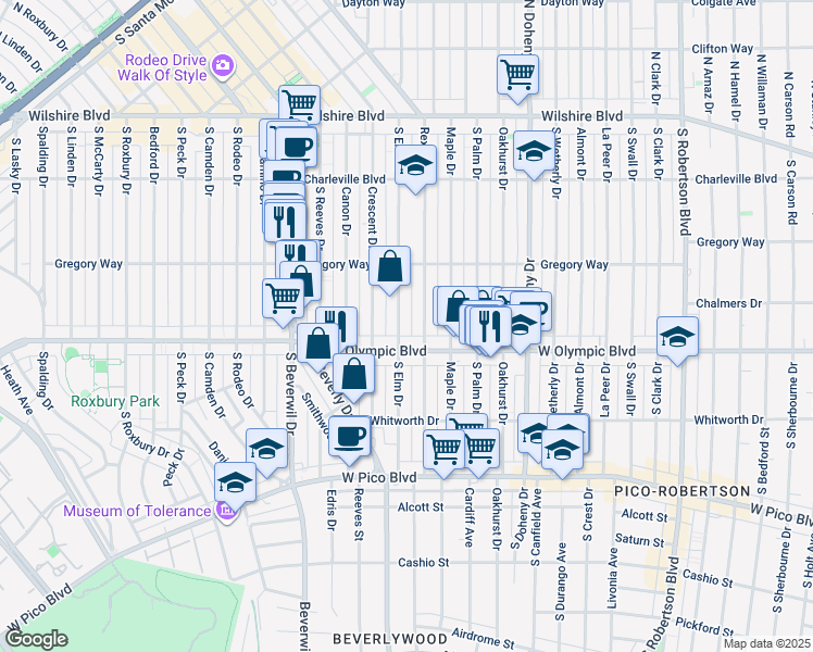 map of restaurants, bars, coffee shops, grocery stores, and more near 345 South Elm Drive in Beverly Hills