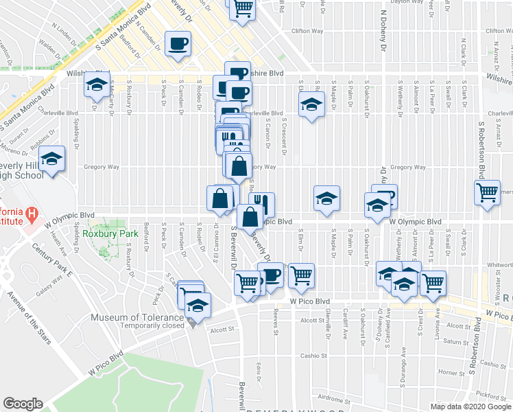 map of restaurants, bars, coffee shops, grocery stores, and more near 346 South Reeves Drive in Beverly Hills
