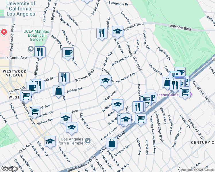 map of restaurants, bars, coffee shops, grocery stores, and more near 10534 Wellworth Avenue in Los Angeles