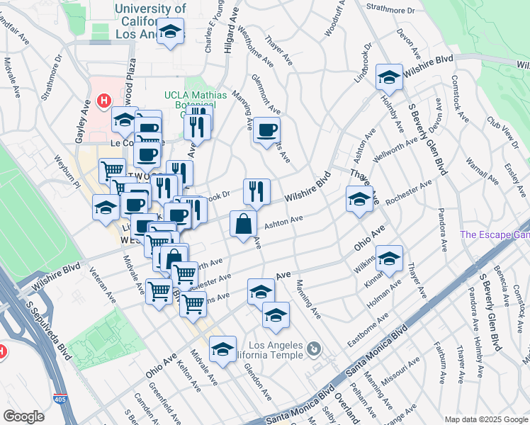 map of restaurants, bars, coffee shops, grocery stores, and more near 10724 Wilshire Boulevard in Los Angeles