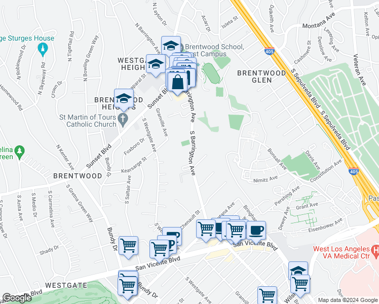 map of restaurants, bars, coffee shops, grocery stores, and more near 419 1/2 South Barrington Avenue in Los Angeles