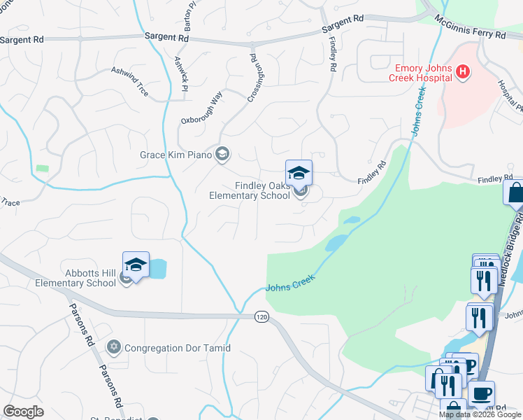 map of restaurants, bars, coffee shops, grocery stores, and more near 540 Arncliffe Court in Alpharetta