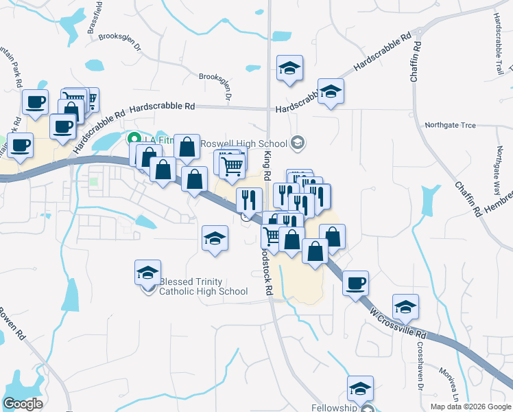 map of restaurants, bars, coffee shops, grocery stores, and more near 11426-11450 King Rd in Roswell