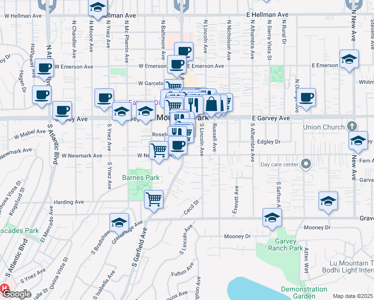map of restaurants, bars, coffee shops, grocery stores, and more near 234 South Garfield Avenue in Monterey Park