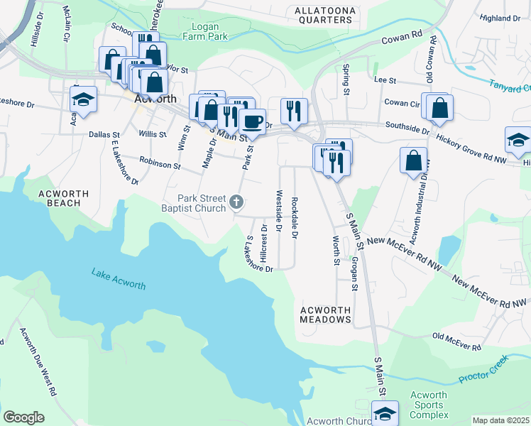 map of restaurants, bars, coffee shops, grocery stores, and more near 4128 Rayburn Street in Acworth