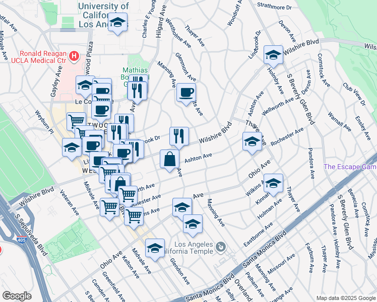 map of restaurants, bars, coffee shops, grocery stores, and more near 10724 Wilshire Boulevard in Los Angeles