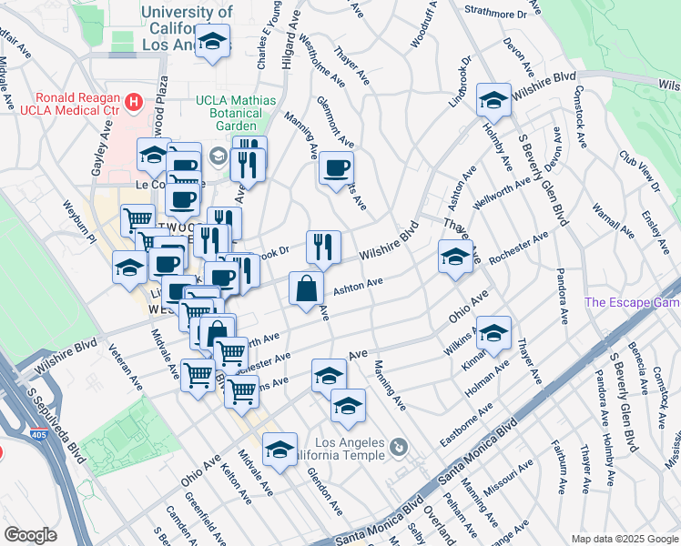 map of restaurants, bars, coffee shops, grocery stores, and more near 10724 Wilshire Boulevard in Los Angeles
