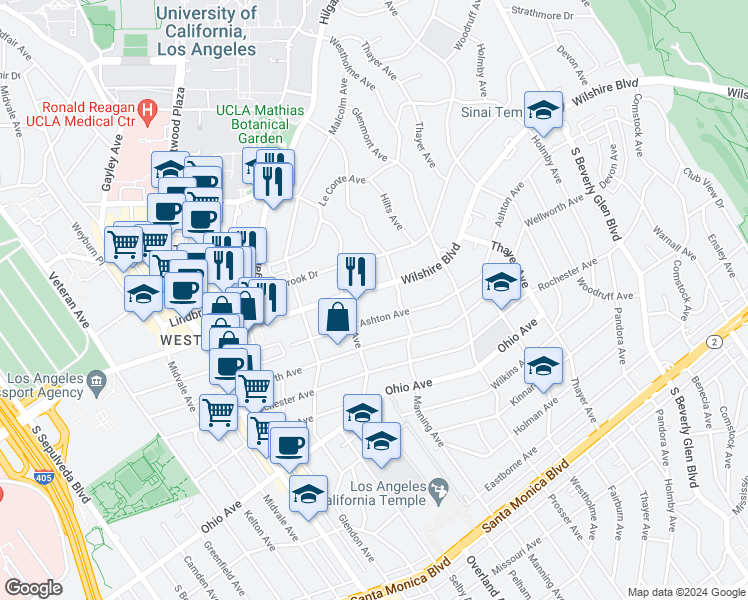 map of restaurants, bars, coffee shops, grocery stores, and more near 10724 Wilshire Boulevard in Los Angeles