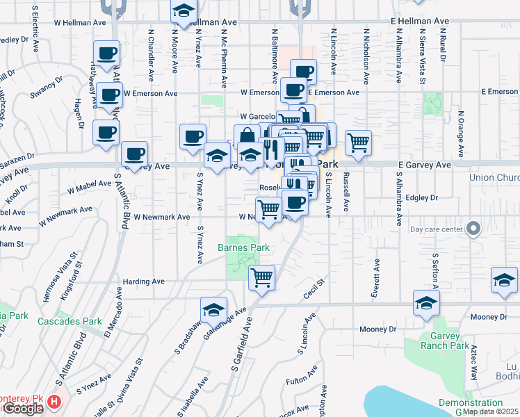 map of restaurants, bars, coffee shops, grocery stores, and more near 232 South Ramona Avenue in Monterey Park