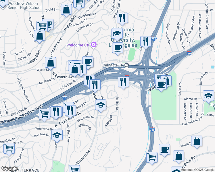 map of restaurants, bars, coffee shops, grocery stores, and more near 1605 Steele Avenue in Los Angeles