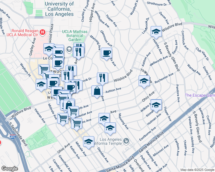map of restaurants, bars, coffee shops, grocery stores, and more near 10724 Wilshire Boulevard in Los Angeles