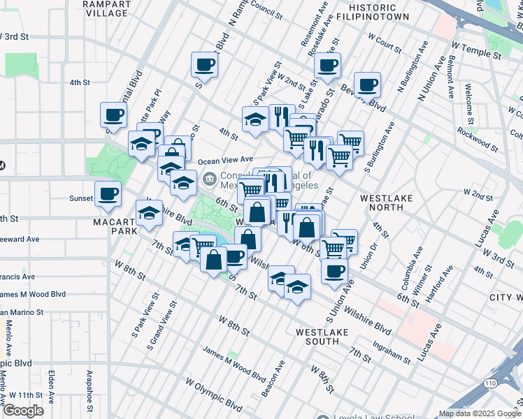 map of restaurants, bars, coffee shops, grocery stores, and more near 521 South Alvarado Street in Los Angeles