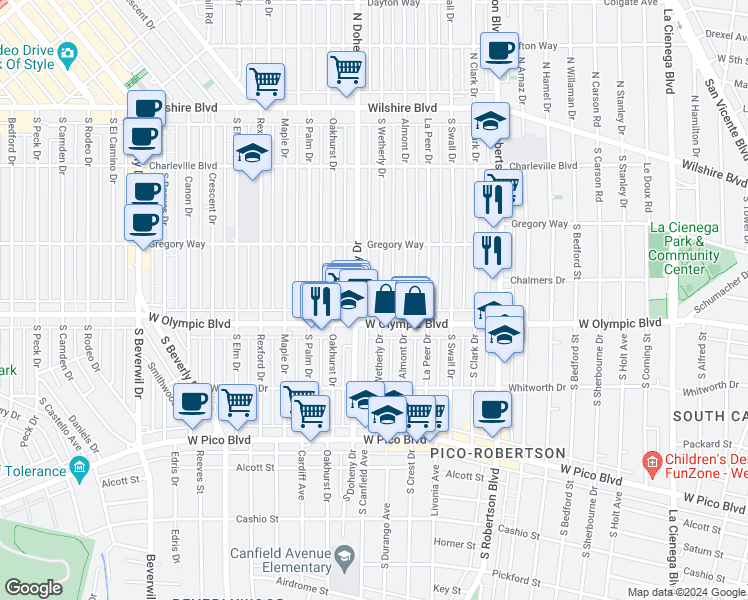 map of restaurants, bars, coffee shops, grocery stores, and more near 353 South Wetherly Drive in Beverly Hills