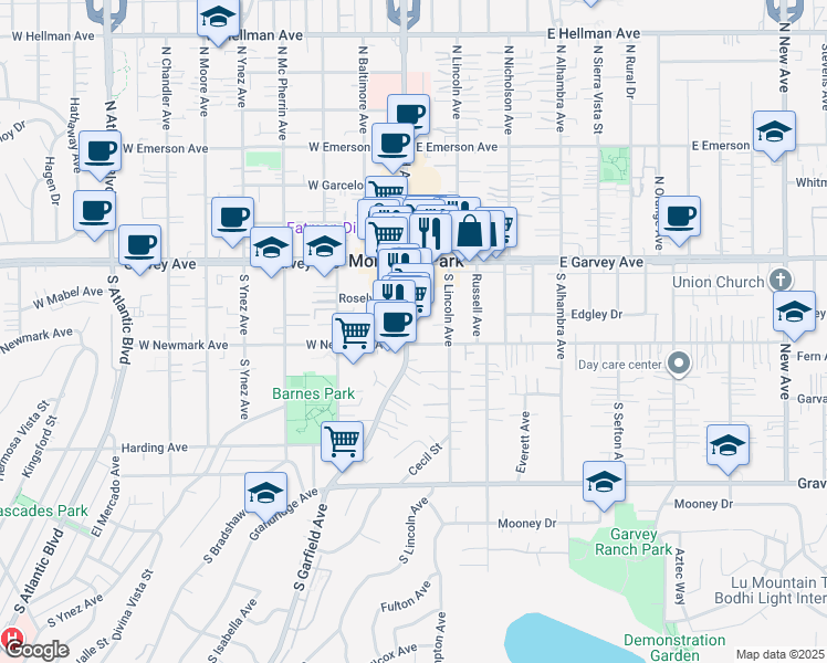 map of restaurants, bars, coffee shops, grocery stores, and more near 234 South Garfield Avenue in Monterey Park