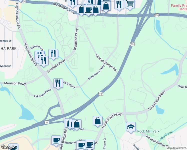 map of restaurants, bars, coffee shops, grocery stores, and more near 2550 Northwinds Parkway in Alpharetta